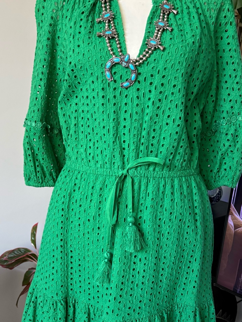 Vince Camuto Bright Green Eyelet Tie-Waist Midi Dress
